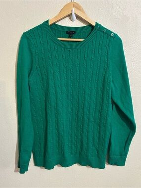 Talbots Kelly Green Cable Knit Button-Shoulder Sweater Size Medium